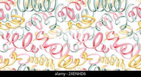 Nastri di coriandoli nei colori rosso, giallo e verde, illustrazione ad acquerello. Ideale per inviti a feste, decorazioni natalizie e design natalizio Foto Stock