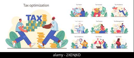 Set di ottimizzazione fiscale. Efficienza finanziaria, budget e idea di economia. Detrazione e rimborso delle tasse. Illustrazione vettoriale piatta Illustrazione Vettoriale