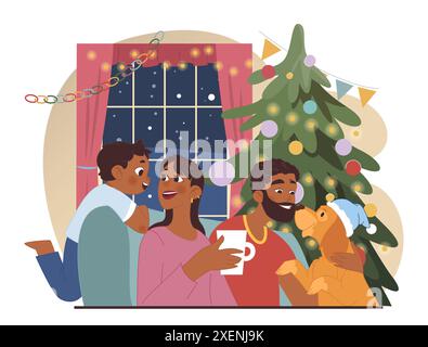 Festa di Natale. Allegri membri della famiglia, coppia nera con figlio e cane che trascorrono del tempo insieme durante le vacanze invernali. Albero di Natale e decorazione. Illustrazione vettoriale piatta Illustrazione Vettoriale