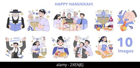 Hanukkah festeggia il set. Grande riunione di famiglia in vacanza religiosa. Cena tradizionale dell'Ebraismo, nonni, donna, uomo e bambino a tavola che consumano un pasto festivo. Illustrazione vettoriale piatta Illustrazione Vettoriale