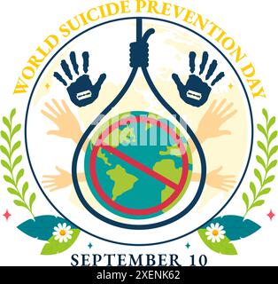 Illustrazione vettoriale della giornata mondiale della prevenzione del suicidio il 10 settembre con una corda sospesa e le mani per prevenire i suicidi in uno sfondo di cartone animato piatto Illustrazione Vettoriale