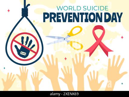 Illustrazione vettoriale della giornata mondiale della prevenzione del suicidio il 10 settembre con una corda sospesa e le mani per prevenire i suicidi in uno sfondo di cartone animato piatto Illustrazione Vettoriale