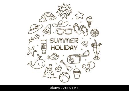Design disegnato a mano per le vacanze estive, con elementi da spiaggia ed estate Illustrazione Vettoriale