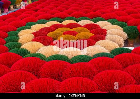 Il vibrante incenso è disposto a terra per asciugare al sole a Quang Phu Cau, Ung Hoa, Vietnam del Nord, Asia a giugno - bastoncini di incenso rossi, gialli e verdi Foto Stock