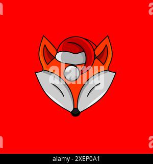 cartone animato di volpe di natale con logo del berretto di babbo natale su sfondo isolato Illustrazione Vettoriale