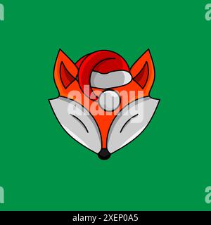 cartone animato di volpe di natale con logo del berretto di babbo natale su sfondo isolato Illustrazione Vettoriale