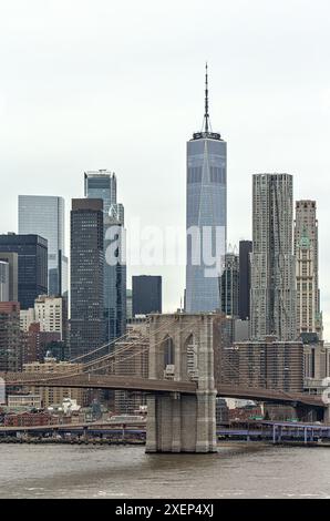 skyline di new york con il ponte di brooklyn e un centro commerciale mondiale (cielo grigio, nuvoloso giorno coperto) vista del centro dal ponte di manhattan con la giostra dumbo e Foto Stock