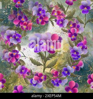 Splendido motivo floreale senza cuciture con vivaci fiori viola e rosa con foglie verdi su sfondo astratto. Arte digitale per la stampa su tessuto e carta. Foto Stock