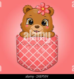 Carino orso marrone cartoni animati in tasca rossa. Illustrazione vettoriale dell'animale su sfondo rosso. Illustrazione Vettoriale