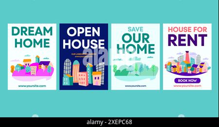 Set di poster colorati illustrati con graziosi piccoli edifici con testo Save Our Home, Open House Illustrazione Vettoriale