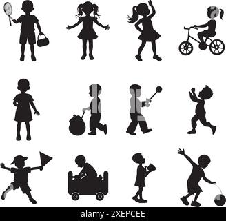 Set di silhouette di una bambina e di un bambino Illustrazione Vettoriale