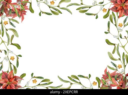 Fiori di Poinsettia, baubles stellari d'oro, foglie di vischio. Illustrazione disegnata a mano in acquerello, copia cornice spaziale isolata su bianco. Natale, felice anno nuovo Foto Stock