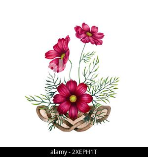 Bouquet di fiori cosmo rosa e viola in un vaso di rami di vimini. Illustrazione in acquerello del modello per schede, etichette, festa della mamma, San Valentino Foto Stock