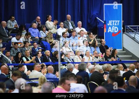 Essen, Germania. 29 giugno 2024. Gli ospiti applaudono alla conferenza del partito nazionale AfD nella Grugahalle di Essen. Alla conferenza di due giorni, l'AfD prevede di eleggere un nuovo comitato esecutivo federale, tra le altre cose. Numerose organizzazioni hanno manifestato opposizione alla riunione e più di una dozzina di contro-dimostrazioni. Crediti: Bernd von Jutrczenka/dpa/Alamy Live News Foto Stock