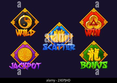 Slot icone cinesi: Vinci, scatter, Wild, bonus e jackpot su cornice colorata. Icone in stile cinese per giochi 2D e casinò o slot. Illustrazione Vettoriale