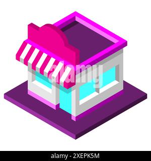 Negozio isometrico con posto per testo. Edificio isometrico colorato con tendalino. Icona del supermercato 3D in colori neon viola. Archivio rétro con spazio di copia Illustrazione Vettoriale