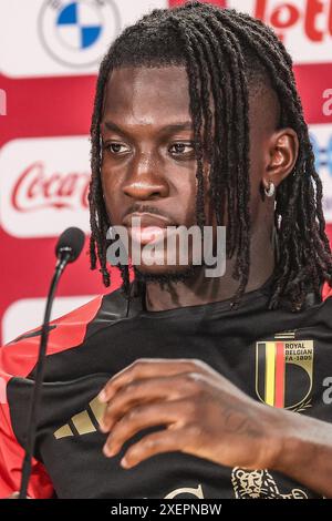 Freiberg, Germania. 29 giugno 2024. Johan Bakayoko del Belgio, nella foto durante una conferenza stampa della nazionale belga di calcio Red Devils, sabato 29 giugno 2024 nel campo base di Freiberg am Neckar, in Germania, durante i Campionati europei di calcio UEFA Euro 2024. Lunedì i Red Devils incontreranno la Francia nel Round of 16. BELGA PHOTO BRUNO FAHY credito: Belga News Agency/Alamy Live News Foto Stock