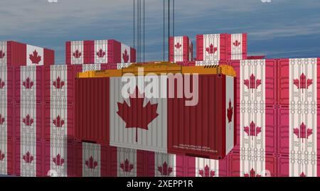 Gru cargo per la produzione e l'importazione di container in Canada. Concetto aziendale di trasporto, carico e spedizione con una bandiera canadese. Foto Stock