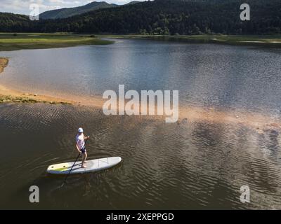 Donna che paddola in stand up board, rilassante attività estiva in un ambiente naturale del lago, riprese aeree. Concetti di relax, fitness ed esplorazione. Foto Stock