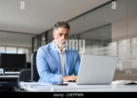 Uomo d'affari professionale di mezza età che utilizza un notebook in ufficio. Foto Stock