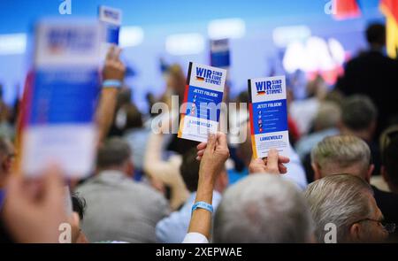 Essen, Germania. 29 giugno 2024. I delegati tengono le schede di voto alla conferenza del partito nazionale AfD nella Grugahalle di Essen. Tra le altre cose, l'AfD vuole eleggere un nuovo esecutivo federale alla conferenza di due giorni del partito. Numerose organizzazioni hanno manifestato opposizione alla riunione e più di una dozzina di contro-dimostrazioni. Crediti: Bernd von Jutrczenka/dpa/Alamy Live News Foto Stock