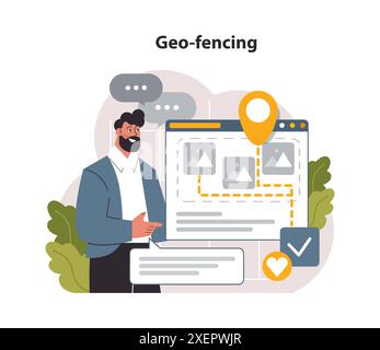 Geofencing. Ottimizzazione SEO locale. Risultati della ricerca locale. Promozione browser basata sul territorio. Pin di geolocalizzazione, punto di localizzazione. Comunicazione globale, contenuti e feedback. Illustrazione vettoriale piatta Illustrazione Vettoriale