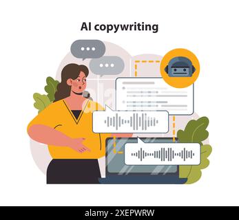 Copywriting AI. Testo per la scrittura di reti neurali per la promozione aziendale. Post, articolo o pubblicazione automatizzati. Sistema di autoapprendimento che genera testo. Illustrazione vettoriale piatta Illustrazione Vettoriale