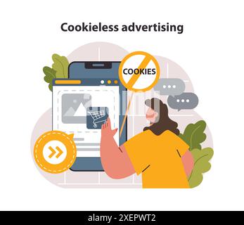 Pubblicità senza cucina. Targeting senza cucina. Problema di privacy del traffico del browser Web. regolamento sui dati personali riservati. Illustrazione vettoriale piatta Illustrazione Vettoriale