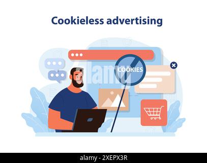 Pubblicità senza cucina. Targeting senza cucina. Problema di privacy del traffico del browser Web. regolamento sui dati personali riservati. Illustrazione vettoriale piatta Illustrazione Vettoriale
