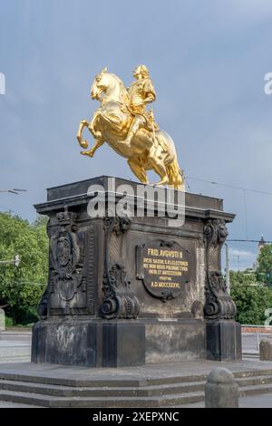 Statua equestre d'oro di Augusto il forte a Dresda con l'iscrizione: Federico Augusto i, Duca di Sassonia, Elettore e Arcimaresciallo del Santo Foto Stock