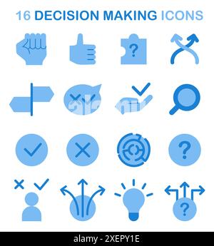 Set di icone decisionali. Il pensiero strategico, il brainstorming e il simbolo della ricerca sulle soluzioni. Dilemma di opzioni multiple. Scelta razionale o intuitiva. Illustrazione vettoriale piatta Illustrazione Vettoriale