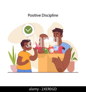 Genitorialità moderna. Metodo di educazione dei bambini, educazione dei bambini e educazione con disciplina positiva. Il papà di supporto incoraggia un ragazzo a mettere da parte i giocattoli. Illustrazione piatta vettoriale Illustrazione Vettoriale