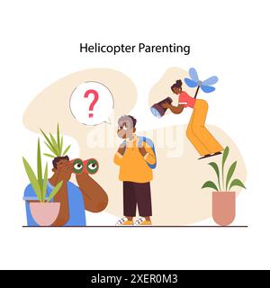 Genitori in elicottero. Metodo di educazione dei bambini strettamente coinvolto in tutti gli aspetti della vita. Genitori che spiano il ragazzo. Educazione e istruzione dei bambini. Illustrazione piatta vettoriale Illustrazione Vettoriale