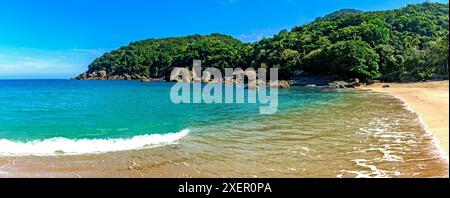 Il mare e la foresta della spiaggia di Indaiauba sull'isola di Ilhabela sulla costa dello stato di San Paolo Foto Stock