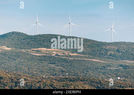 i generatori di turbine eoliche si trovano su una collina. La scena è tranquilla e serena, con i mulini a vento che offrono un senso di movimento e un ambiente alternativo Foto Stock