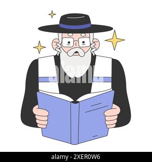 Hanukkah festeggia in una sinagoga. Il rabbino anziano con la barba legge una preghiera. Vecchio ebreo che legge un libro. Riunione durante le festività religiose. Illustrazione vettoriale piatta Illustrazione Vettoriale