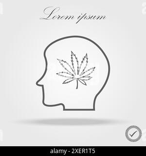 Testa umana con la marijuana foglia icona glyph. La tossicodipendenza. Simbolo di Silhouette. Cattiva abitudine. Lo spazio negativo. Vettore illustrazione isolato Illustrazione Vettoriale