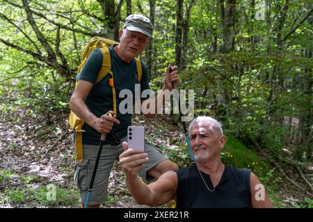 una coppia di amici maturi sorridenti si fa un selfie in boschi di montagna vestiti con abiti sportivi e zaini Foto Stock