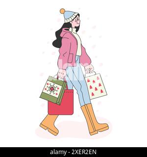 Festeggiamenti di Natale e Capodanno. Personaggio femminile in abiti caldi che tiene in mano borse, camminando sulla neve. Vacanze invernali, shopping natalizio tradizionale. Illustrazione vettoriale piatta Illustrazione Vettoriale