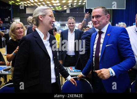 Essen, Germania. 29 giugno 2024. Tino Chrupalla si rallegra con Alice Weidel dopo la sua rielezione. Crediti: Bernd von Jutrczenka/dpa/Alamy Live News Foto Stock