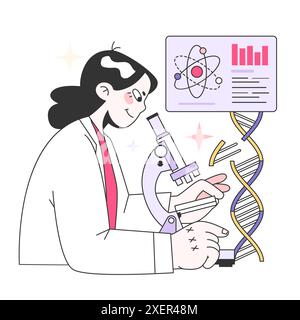 Test del DNA per la prevenzione delle malattie e la diagnosi precoce. Scienziata donna in laboratorio. Ricercatore che conduce ricerche su molecole di dna con microscopio. Illustrazione vettoriale piatta Illustrazione Vettoriale