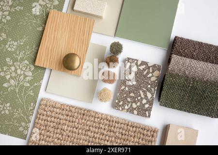 Scheda campione di materiale per interni di design verde terroso con tessuti, terrazzo, legno e carta da parati per il concetto di Mood Board per la decorazione domestica Foto Stock