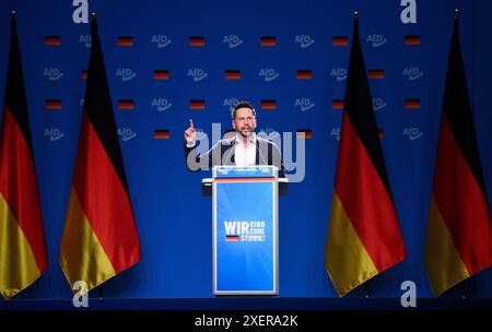 Essen, Germania. 29 giugno 2024. Dennis Hohloch (AfD) parla alla conferenza del partito nazionale AfD nella Grugahalle di Essen. Alla conferenza di due giorni, l'AfD prevede di eleggere un nuovo comitato esecutivo federale, tra le altre cose. Numerose organizzazioni hanno manifestato opposizione alla riunione e più di una dozzina di contro-dimostrazioni. Crediti: Bernd von Jutrczenka/dpa/Alamy Live News Foto Stock