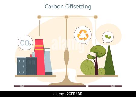 Offset carbonio. Compensazione dell'inquinamento. Protezione dell'ambiente e controllo dei gas a effetto serra. Strategia globale per ridurre le emissioni di CO2 e l'impronta di carbonio degli stabilimenti. Illustrazione vettoriale piatta Illustrazione Vettoriale