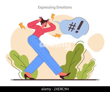 Esprimere le emozioni abilità. Intelligenza emotiva o sviluppo EQ. Profonda comprensione delle emozioni. Rabbia paura e frustrazione consapevolezza di sé. Illustrazione vettoriale piatta Illustrazione Vettoriale
