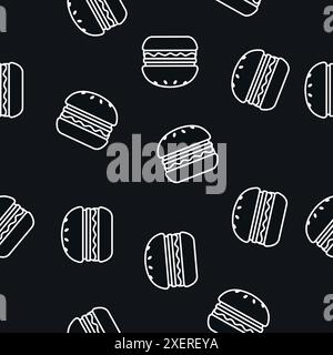 Burger Pattern. Bianco e nero motivo senza cuciture o sfondo con hamburger Illustrazione Vettoriale