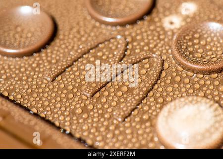 Kiev, Ucraina - 29 giugno 2024: Copertina di una tazza McDonald's con un logo e un bel concetto macro di lampadine Foto Stock