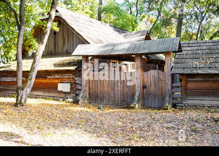Porta e casa in legno tradizionali al Museo del Villaggio Dimitrie gusti, un museo all'aperto a Bucarest, Romania Foto Stock