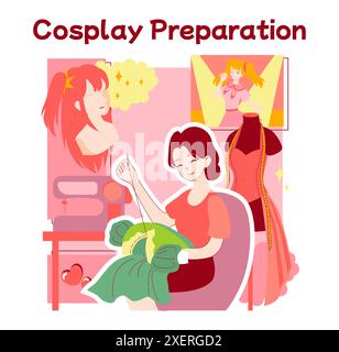 Cultura degli anime. Stile di vita otaku o geek, popolari cartoni animati giapponesi o fan di manga. Giovane personaggio femminile che cucisce un costume cosplay. Hobby o sottocultura divertente e creativa. Illustrazione vettoriale piatta Illustrazione Vettoriale