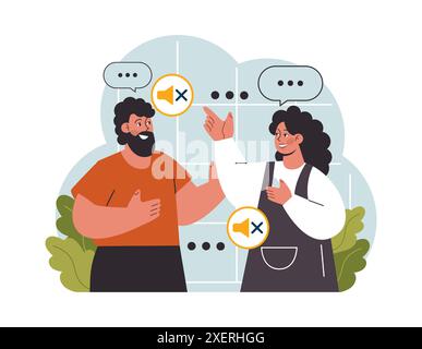 Personaggi sordi e muti maschili e femminili che parlano con i gesti delle mani. Comunicazione con un linguaggio dei segni. Illustrazione vettoriale piatta Illustrazione Vettoriale